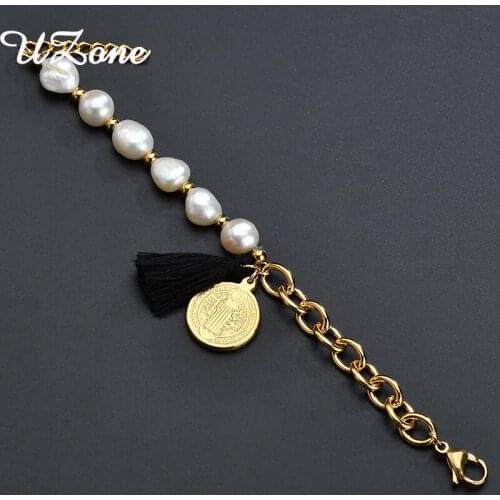 UZone Round Saint Benedict Medal Coin Bracelets Multilayer Imitation pearls Tassel Bracelet Boho Women Jewelry