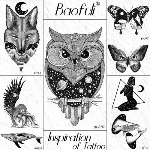 Baofuli Drawing Owl Galaxy Planets Temporary Tattoos Sticker Line Universe Star Waterproof Tattoo Body Art Arm Black Tatoo Sheet