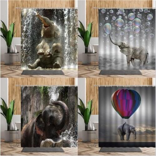 Funny Elephant Shower Curtain Waterfall Wild Animal Creative Bathroom Decors Printed Bath Fabric 3D Home Curtains Set Waterproof