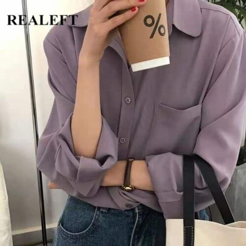 REALEFT 2021 New One Pockets Purple Womens Blouse Turn-down Collar Single Breasted Casual Loose Female Tops Workwear Shirts