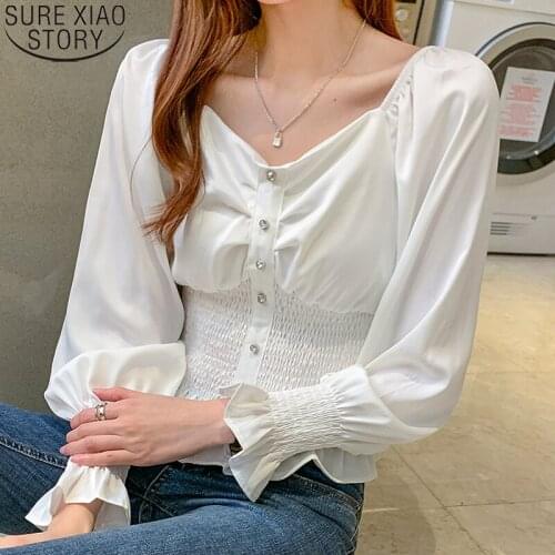 2021 Autumn Korean Fashion Elegant Pullover Blouse Women Shirts Office Lady V-neck Long Puff Sleeve Backless Blouses Tops 17028