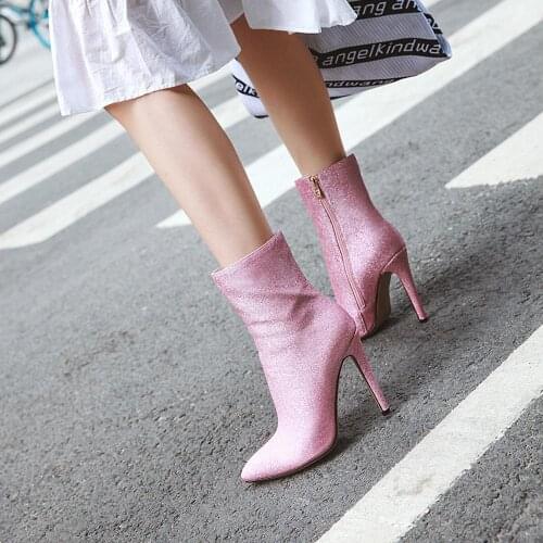 Winter boots 4 Color Fashion Bling Thin High Heel Shoes Women Ankle Boots Pointed Toe Zipper Office Ladies Club Footwear Size 34