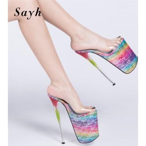 Women Sexy Extremely High Heels Mules Platform Peep Toe Runway Dance Shoes Super High Heels Stripper Lady Stilettos Sandals