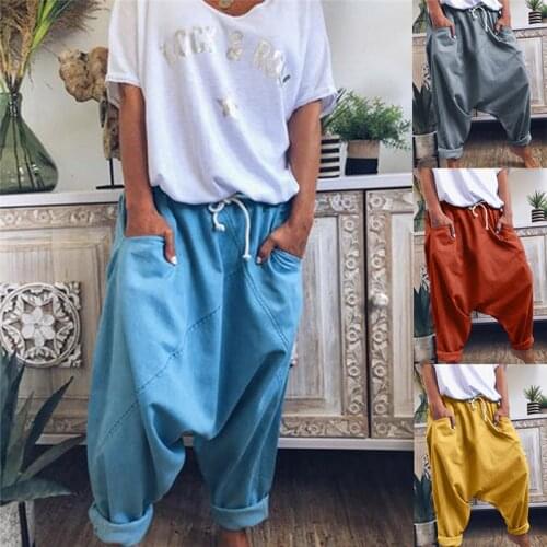 2021 Woman Boho Casual Pants Fashion Women Solid Color Elastic Waist Baggy Long Trousers Harem Pants Woman Pants Sweatpants