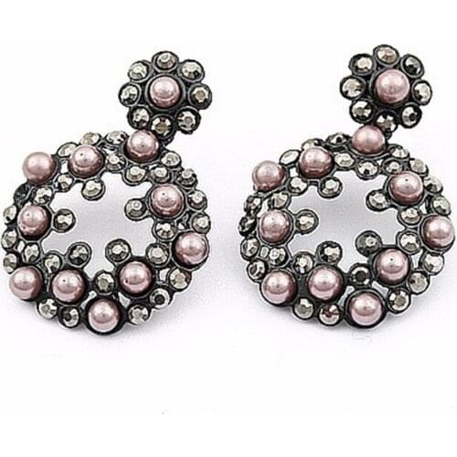 2020 High Sweet Gold Color Hollow Leaf Round Crystal Simulated Pearl Flower Stud Earrings for Women Girls Piercing Jewelry