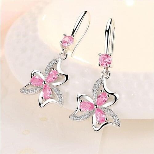 Shiny Crystal Pink Flower Hangle Earrings For Women Jewelry Charm 925 Silver Earring Female Party Accessories Princess Earrings
