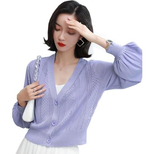 Women knitting Top 2021Female Spring Summer knitting Shirt Ladies Lantern Sleeve Hollow Cardigan Female Thin knitting Coat C