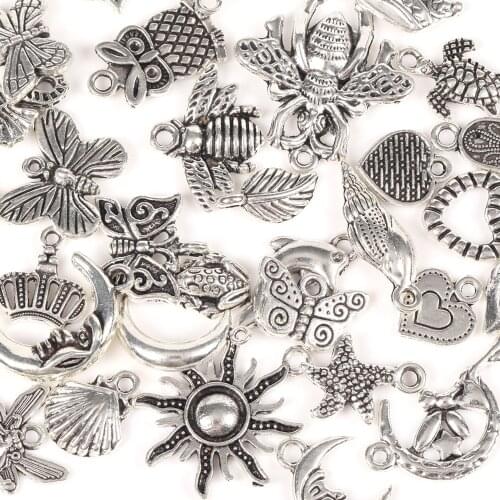 30pcs Angle Animal Leaf Heart Crown Metal Alloy Beads Silvers Charms DIY Bracelet Pendant For Jewelry Making Finding Accessories