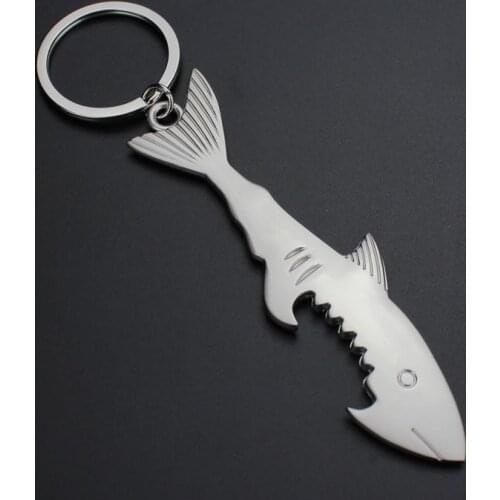 500PCS Shark Shaped Bottle Opener Keychain shaped zinc alloy Silver Color Key Ring Beer Bottle Opener Unique Creative GiftSN1309