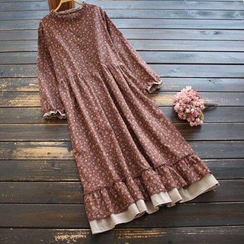 8864 New Spring Women Dress Mori Girl Literary Loose Ruffle collar Floral Print Double Hem Cotton linen Dress Women