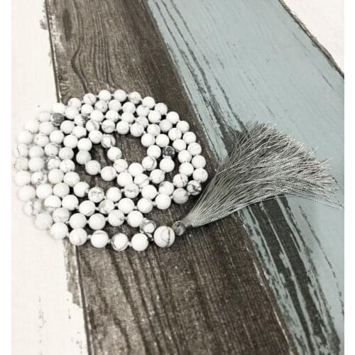 White Howlite Necklace For Unisex 108 Hand Knotted Mala Yoga Jewelry Tassel Long Necklaces 108 Prayer Beads Necklace Japa Mala