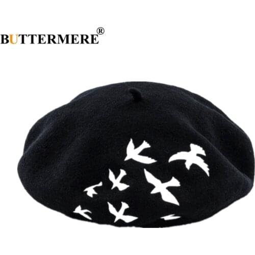 BUTTERMERE 100% Wool French Beret Women Bird Embroidery Woolen Female Beret Black White Pink Gray Fashion Ladies Painter Hat