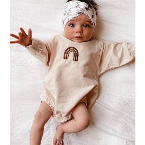 Baby Spring Autumn Rompers, Rainbow Embroidery Long-Sleeves Jumpsuit with Crotch Buttons for Toddlers Girls, Boys, 0-24 Months