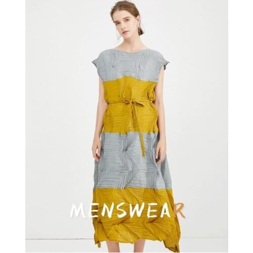 HOT SELING Miyake fashion fold Diamond pleats dress sleeveless patchwork o-neck acing bud dress IN STOCK