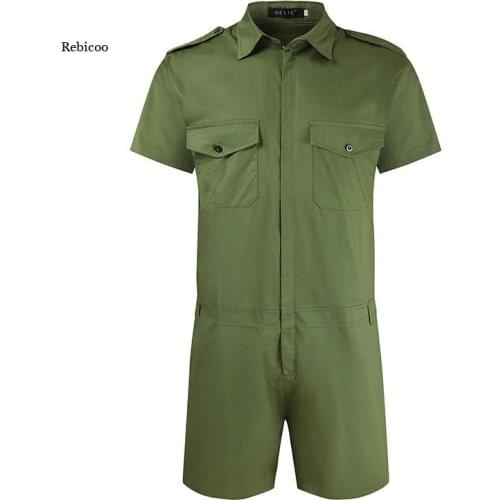 Men Overalls Fashion Solid Color Summer Short Sleeve Shirt Jumpsuit Man Jogging Streetwear Mens Clothing 2021 New