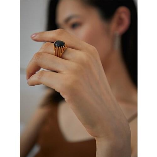 Brass With 18 K Gold Black Agate Geo Rings Women Jewelry Punk Party Designer Club Cocktail Party Japan Korea Trendy