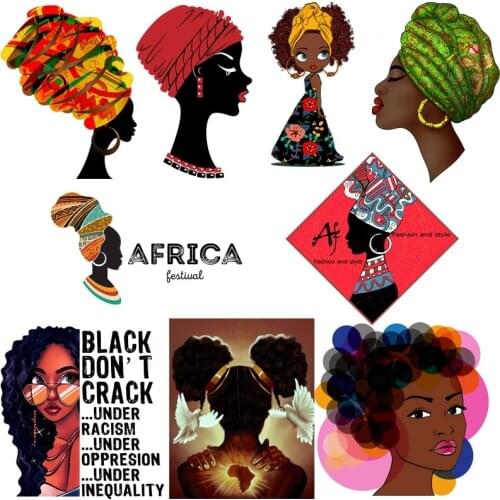 Fashion Beautiful African girl Heat Transfer Vinly Iron On Patches For Clothes T-shirt Hoodies DIY color Sticker Decoration
