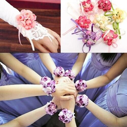 Wrist Flower Vivid Pattern Fake Pearl Ribbon Cloth Pretty Bridal Flower Bracelet for Wedding