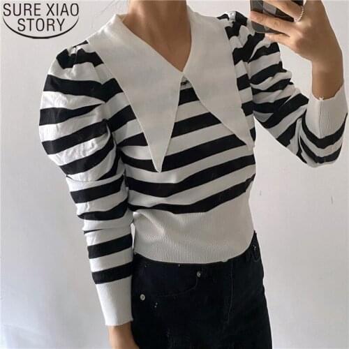 Autumn 2021 New Korean Fashion Vintage Striped Sweater Women Pullovers Wool Peter Pan Collar Lantern Sleeve Knitted Tops 16954