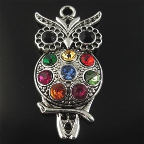 8pcs/lot Retro Wholesale Women Vintage Style Silver Color Tone Alloy Cute Owl Charm Necklace Pendant 45*24mm Rhinestone 08438