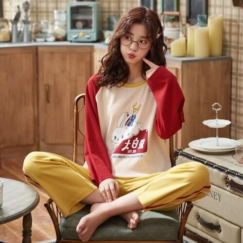 For Women New Nightwear Pajamas Cute Pijamas Suit Rabbit Pattern Long Sleeve Yellow Pants Casual Home Wear Cotton Sleepwear