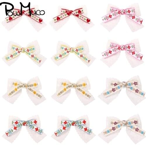 Powmuco Baby Girls Cute Handmade Lace Bowknot Bangs Hairpin Vintage Embroidered Flowers Bows Hair Clip Infant Headwear Kids Gift