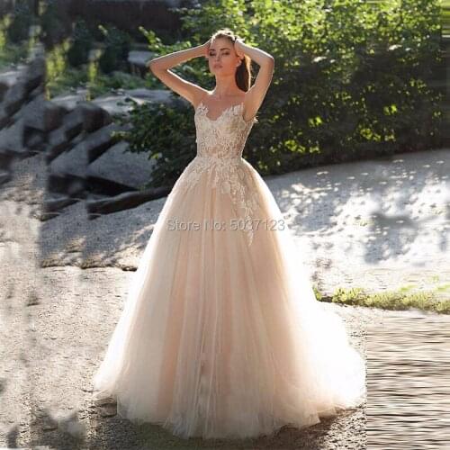 Pink A Line Wedding Dresses Vestidos De Noiva V Neck Lace Appliques Spaghetti Straps Wedding Bridal Gown Illusion Court Train