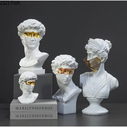 Golden Mask David Sculpture Imitation Plaster Crafts Desk Decor Resin Portrait Statue Ornaments White Figurines Home Decoration