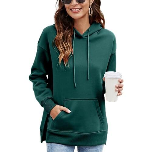 2021 Women Hoodie Solid Color Drawstring Autumn Winter Front Patch Pocket Side Split Sweatshirt Sportswear Casual Coat женское