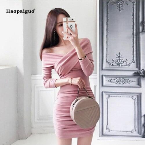 Plus Size Solid Bodycon Bandage Dress Autumn Women Pink Long Sleeve Slash Neck Sexy Casual Wrap Dress Black Dresses 2018 Ladies