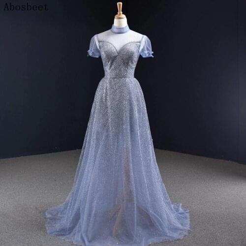 New Short Sleeve Evening Dress Grey Shining A Line Prom Party Gown Elegant High Neck Formal Women Occession Weae Lace Up