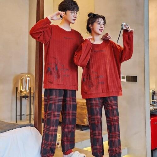 Winter Couple Pajamas Suit Cotton Mens Casual Long Sleeve Sleepwear Fashion Red Plaid Trousers Homewear Cute Bear Womens Pajamas