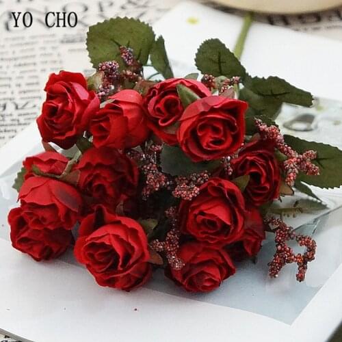 1 Bunch Small Artificial Rose Flowers 15 Heads Flannel DIY Fake Floral for Wedding Wall Table Door Party Home Decor Fabric Flore