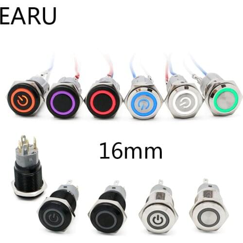 16mm New Waterproof Metal Push Button Switch LED Light Black Momentary Latching Auto Car Engine Computer PC Power Switch 3-380V