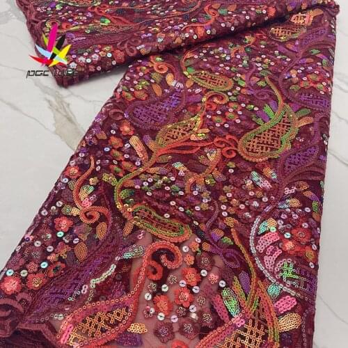 2021 Sequin Tulle Lace Fabric Mesh Burgundy African Embroidery Sequence Nigerian French Party Latest Aso-ebi Tulle Hot Sale