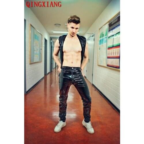 2019 PVC Night Club Men Beside White Striped PU Trousers S-2XL Sexy Men Faux Leather Erotic Pants With Pocket