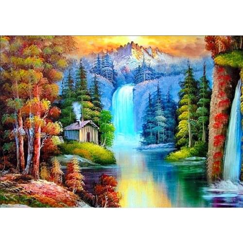 DIY 5D Diamond Painting Full Round Drill Waterfall Cross Stitch Rhinestone Landscape Tree Diamond Embroidery Art Home Decor Gift