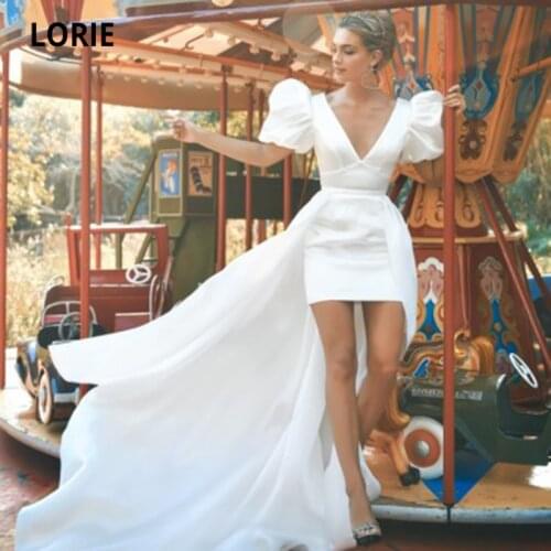 LORIE Satin Wedding Dresses with Detachable Skirt 2 Pieces V Neck Short Puff Sleeves Short Front Long Train Bridal Gown 2021