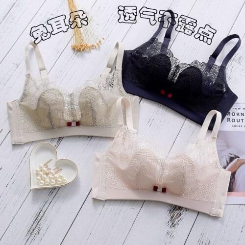 Womens Rabbit Ear Ultra-Thin Crystal Cup Underwear Sexy Lace Breathable Anti-Exposure Close Furu Wireless Adjustment Bra