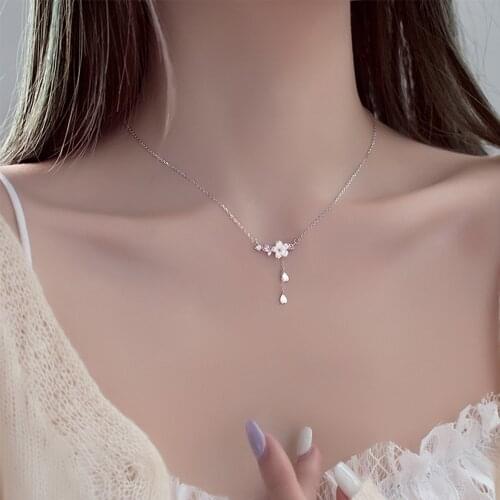 Temperament Shell Cherry Flower Long Tassel Necklace for Women Sweet Heart Clavicle Chain Necklace Fashion Jewelry