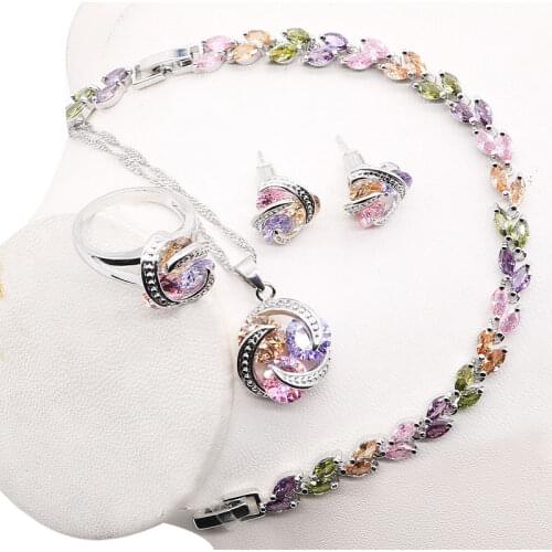Dandy Will Silver 925 Multi-Gem Jewelry Sets For Women Engagement/Wedding Gift Stud Earrings Necklace Ring Pendant Bracelets