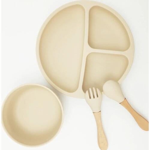 Baby Silicone Dinner Plate+Bowl+Spoon+Fork Dishes Set Sucker Bowl Spoon Waterproof For Children Bib Solid Feeding Bowl