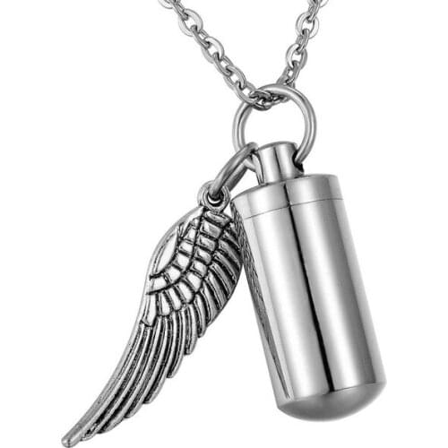 JJ002 With Angel Wing Charm Cylinder Stainless Steel Memorial Urn Necklace For Ashes Of Loved One Keepsake Cremation Jewelry