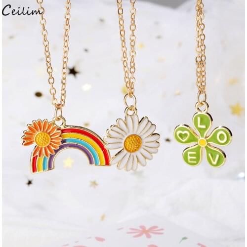 Fashion Rainbow Daisy Flower Necklace for Kids Girls Charming Enamel Pendant Gold Long Chain Necklace Cute Jewelry Child Gift