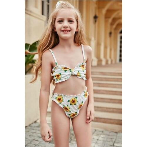 2021 New Fashion Girls Print Bikini Swimsuit Children Lace Bow Triangle Split Swimsuit