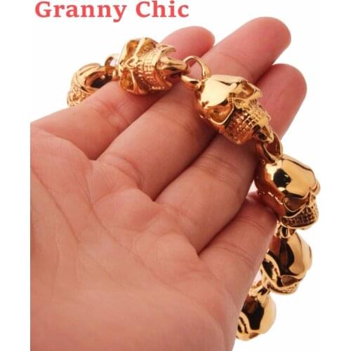 Granny Chic New Mens Gold Skull Bracelet 316L Stainless Steel Link Wrist Skulls Gothic Bracelets pulsera calavera Jewelry Gift