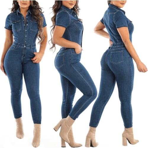 New Sexy Fashion Denim Jumpsuit Spot Button Waist Tight Street Style Bottom elegant overall jeans pencil pants Streetwear spring