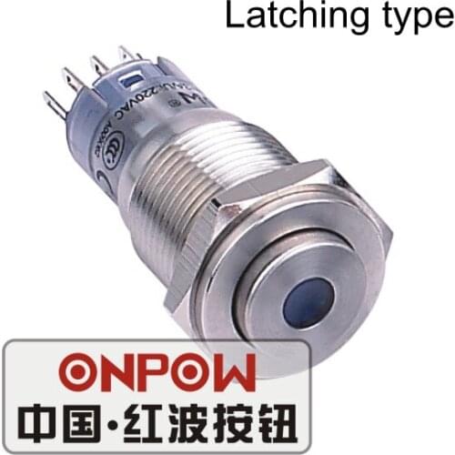 ONPOW 16mm Metal Latching on-off High round 12V,24V,110V,220V Dot LED Stainless steel Push Button Switch (LAS2GQPH-ZD/S) CE,RoHS