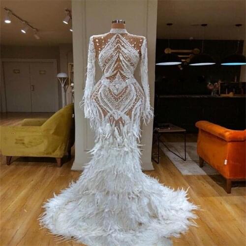 Luxury Church Wedding Dresses Lace Feather Sweep Train High Neck Mermaid Wedding Dress Real Picture Long Sleeve Beach Bridal Gow