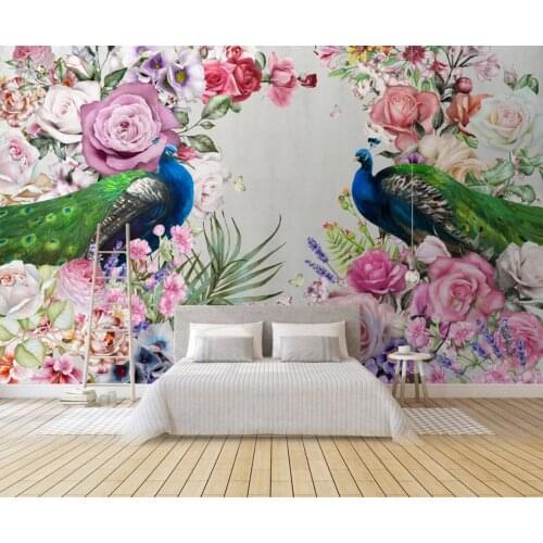 Custom light luxury modern art hand-painted peacock flowers and flowers living room bedroom dining room background wall paper